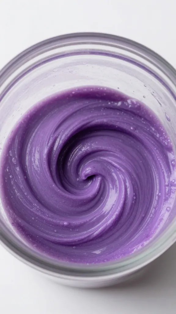 Blender jar with thick purple swirl, top-down closeup