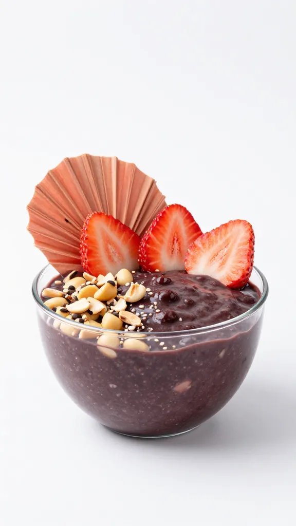 Chilled acai bowl with strawberry fan, studio lighting