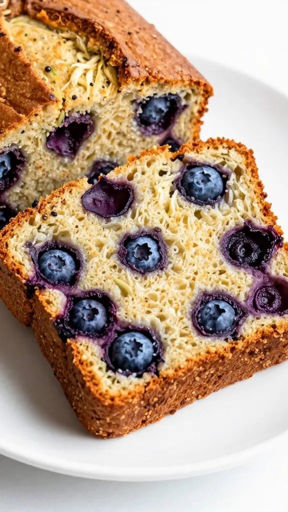 closeup slice of blueberry zucchini bread on white plate