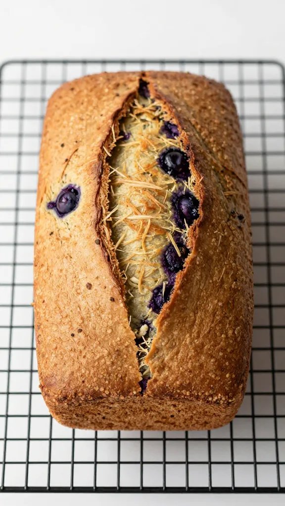 single loaf of blueberry zucchini bread on cooling rack