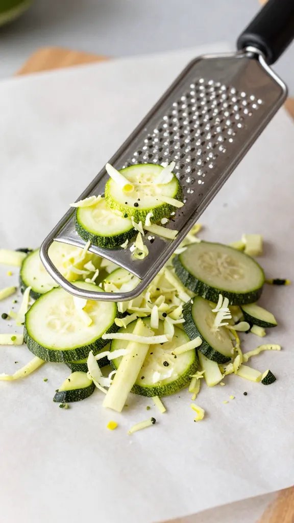 grated zucchini on parchment with microplane grater