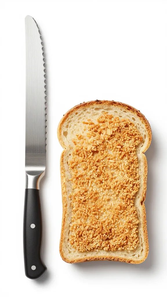serrated bread knife beside crumbed bread slice