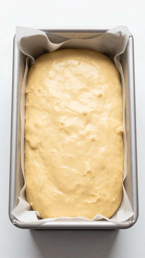 parchment-lined loaf pan filled with raw batter