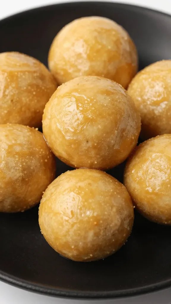 closeup of golden sausage ball on matte black plate