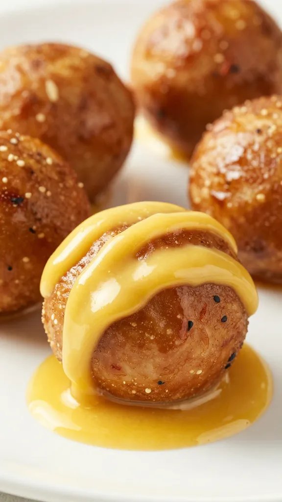 sausage ball dunked in honey mustard, macro shot