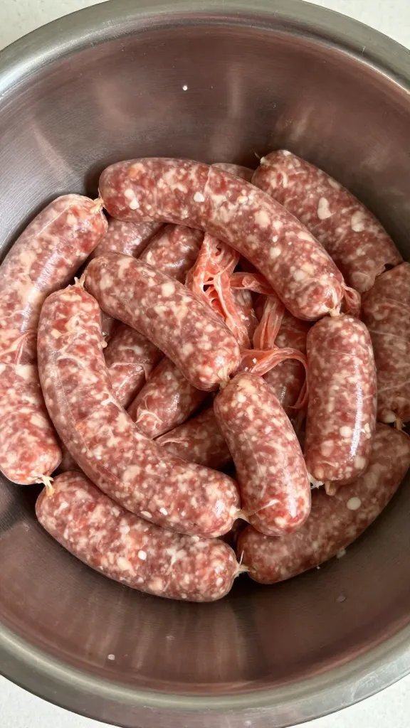 raw sausage mixture in stainless mixing bowl, overhead
