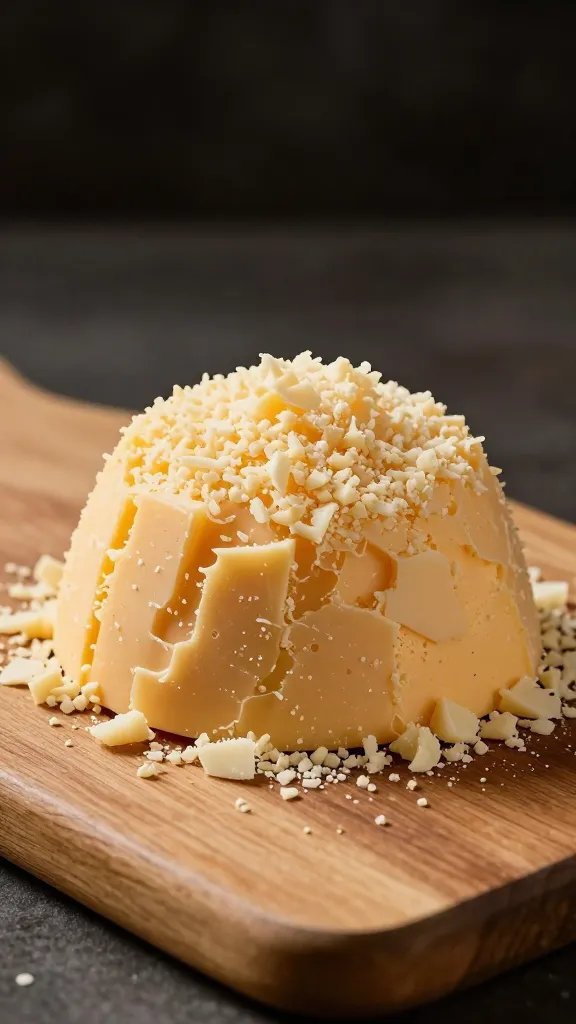 grated cheddar mound on wooden board, studio lighting