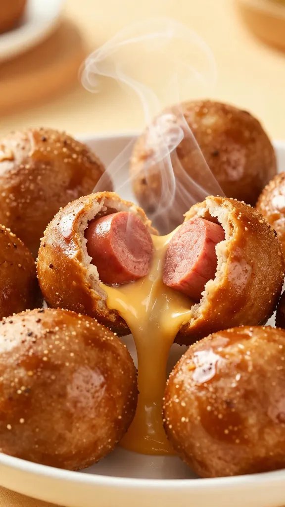 steaming sausage ball broken open, gooey cheese pull