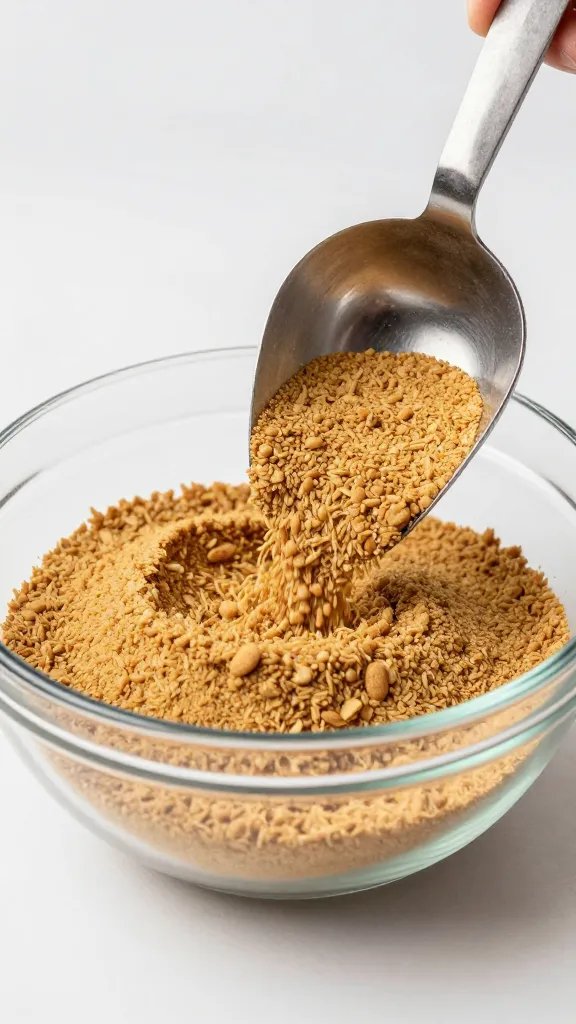 biscuit baking mix scoop in glass bowl, tight crop