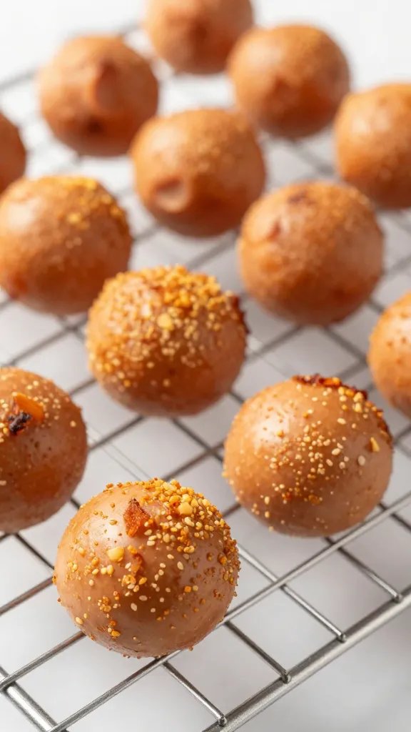 sausage ball on wire rack, crisp edges highlighted