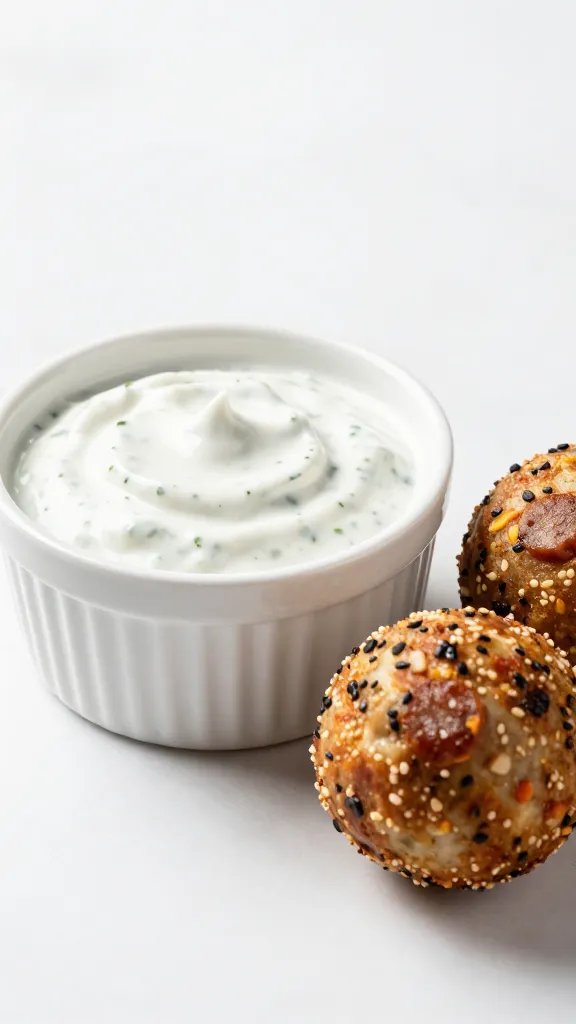 single dipping ramekin of spicy ranch beside sausage ball