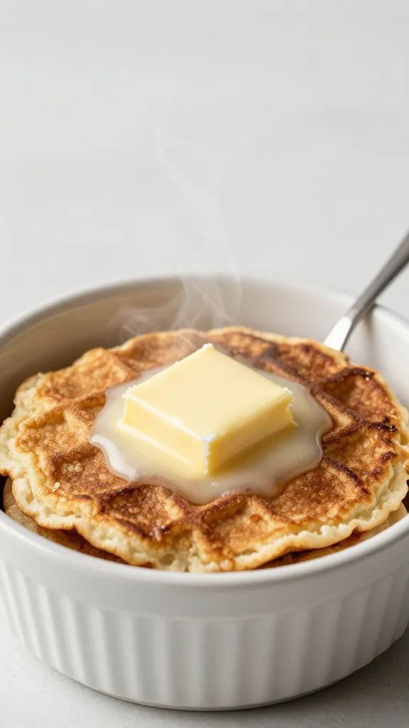 Steaming flapjack bowl with melting butter pat, ceramic ramekin