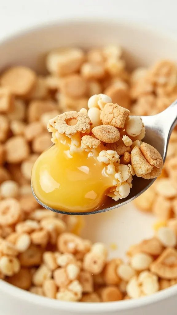 Closeup spoonful of fluffy flapjack bowl showing custardy center