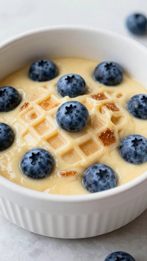 Microwave-safe white bowl of flapjack batter with blueberries