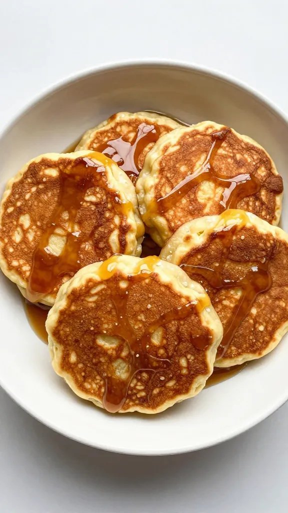 Golden-brown flapjack bowl topped with maple drizzle, overhead
