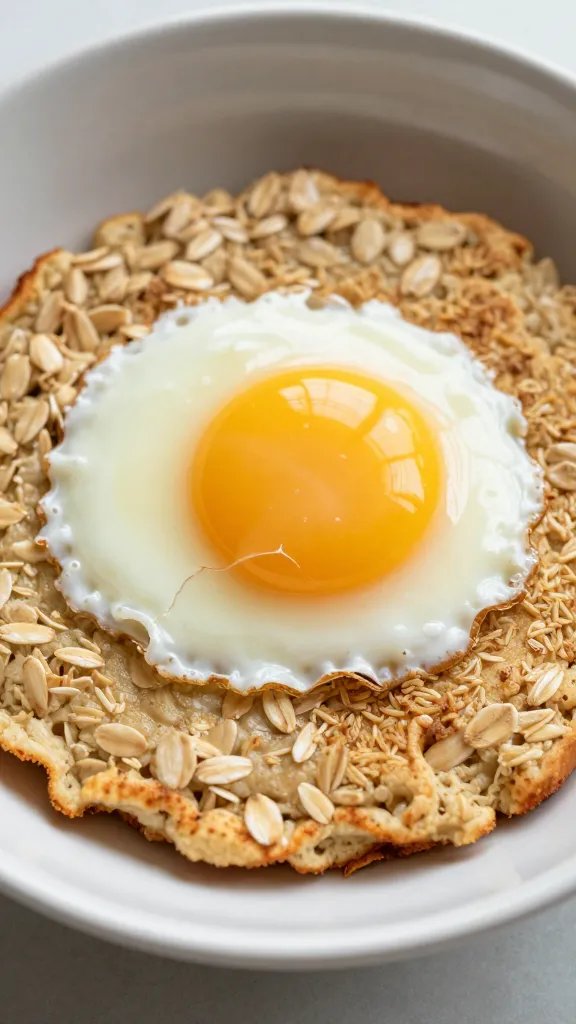 Single cracked egg over oat-studded flapjack batter in bowl