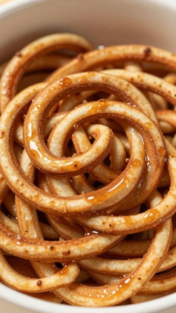 Cinnamon-swirled flapjack bowl, glossy surface, tight macro