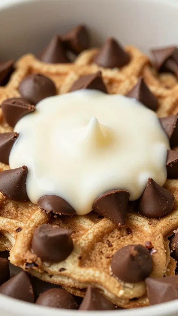 Chocolate chip flapjack bowl, chips pooled and melted, closeup