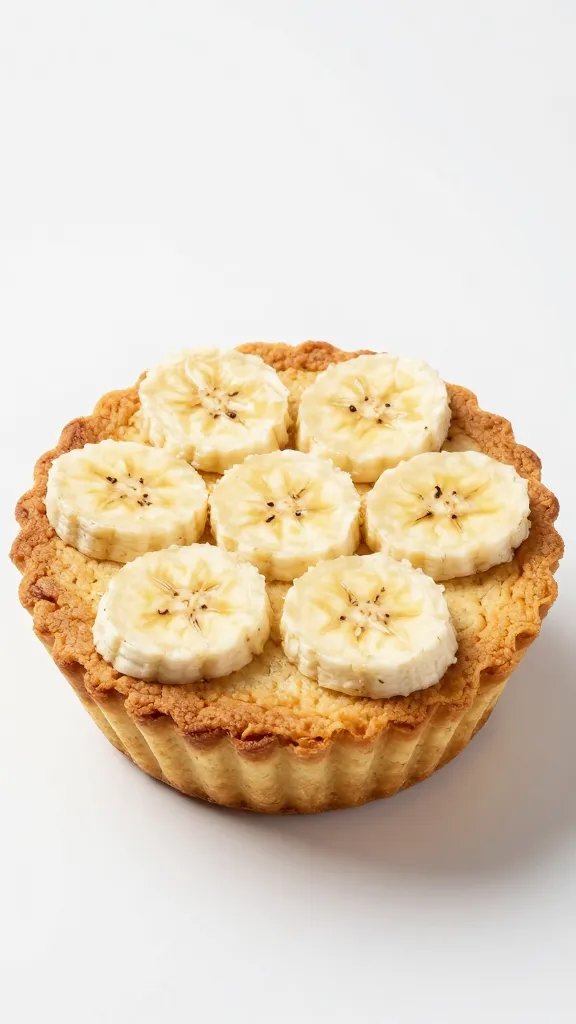 Banana slice pressed into flapjack bowl surface, minimal backdrop