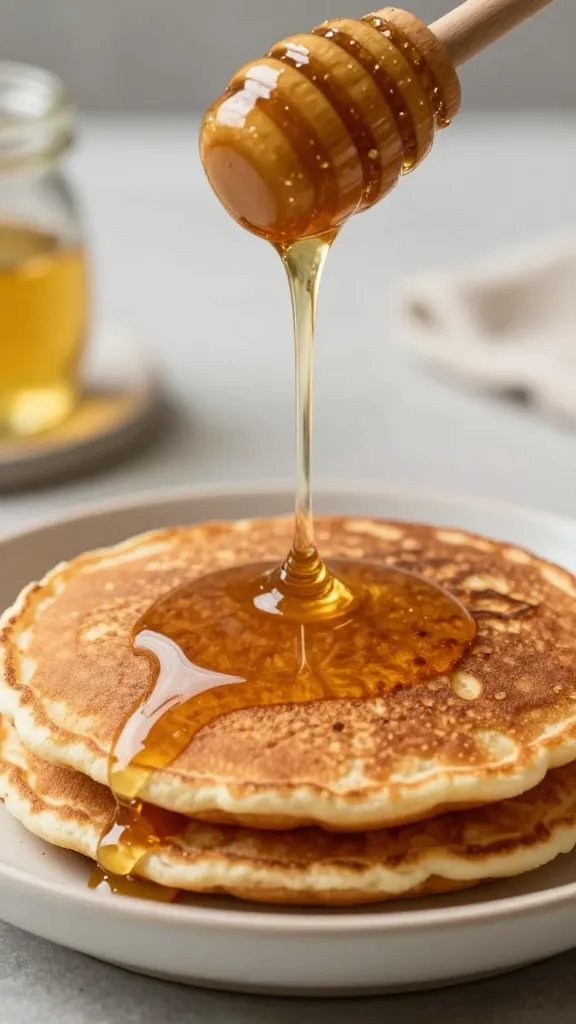 Honey stream landing on hot flapjack bowl, shallow depth