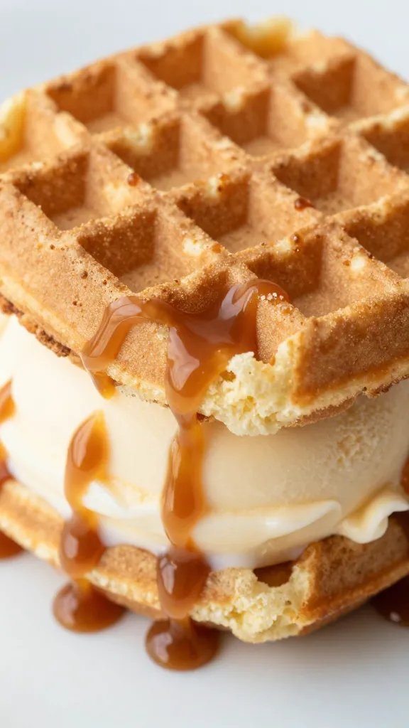 closeup waffle ice cream sandwich with caramel drizzle