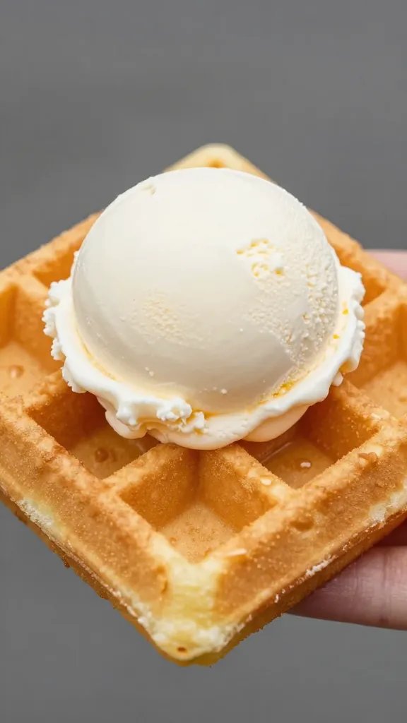golden waffle square holding vanilla scoop, macro