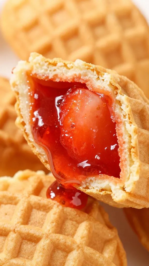 strawberry sauce-filled waffle pockets, extreme closeup