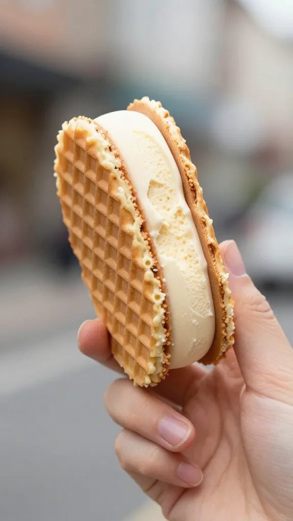 handheld waffle ice cream sandwich, blurred background