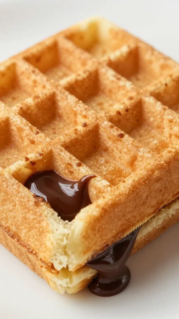 waffle sandwich with hot fudge in pockets, closeup