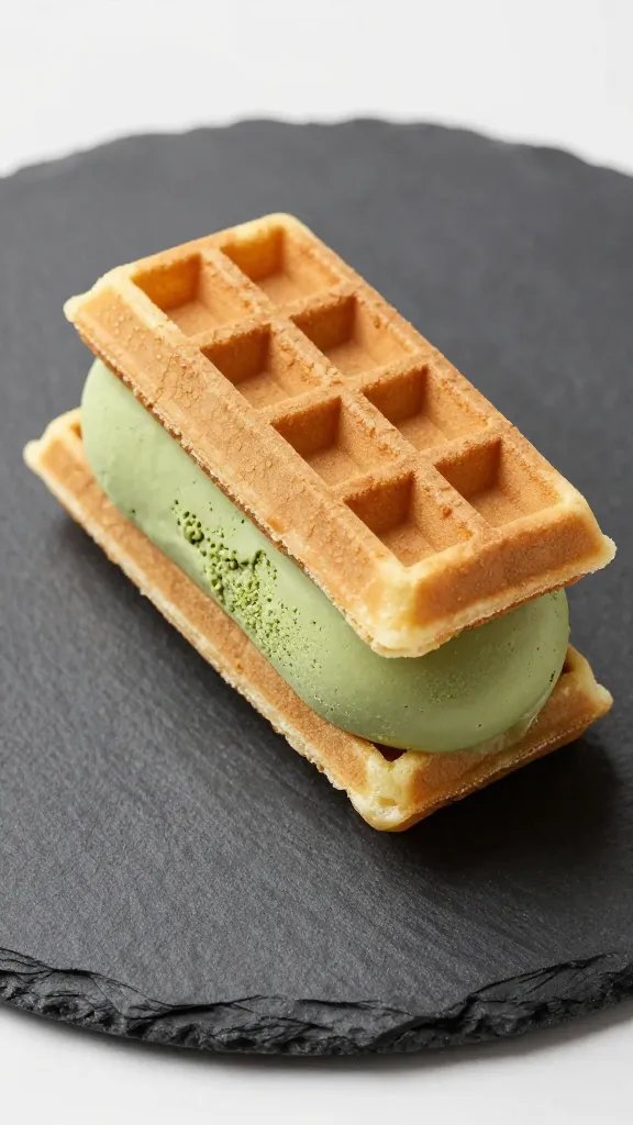 matcha waffle ice cream sandwich on matte slate plate