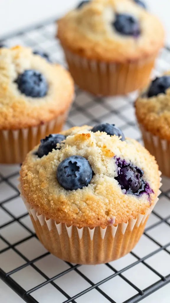 closeup blueberry high-protein muffin on cooling rack