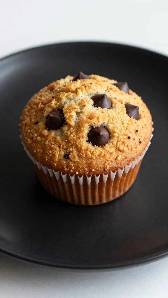 single chocolate chip protein muffin on matte black plate