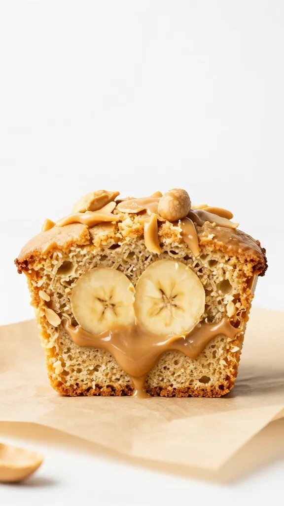 banana peanut butter protein muffin cross-section on parchment