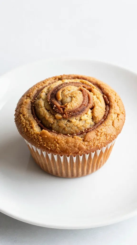 single cinnamon swirl protein muffin on white ceramic plate