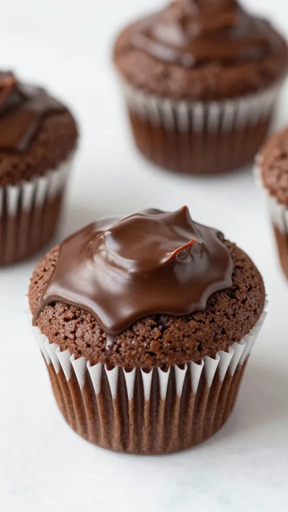 double-chocolate protein muffin with glossy ganache top