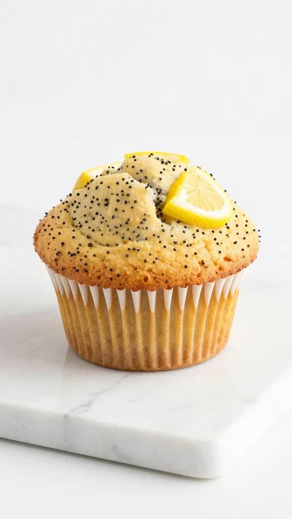 single lemon poppy seed protein muffin on marble slab