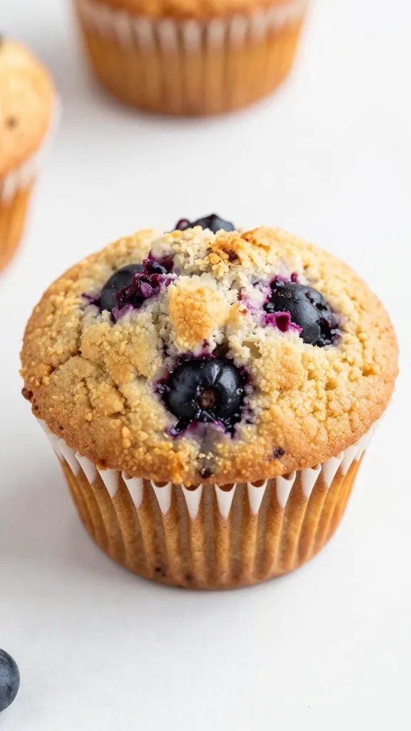 single mixed-berry protein muffin with visible fruit pockets