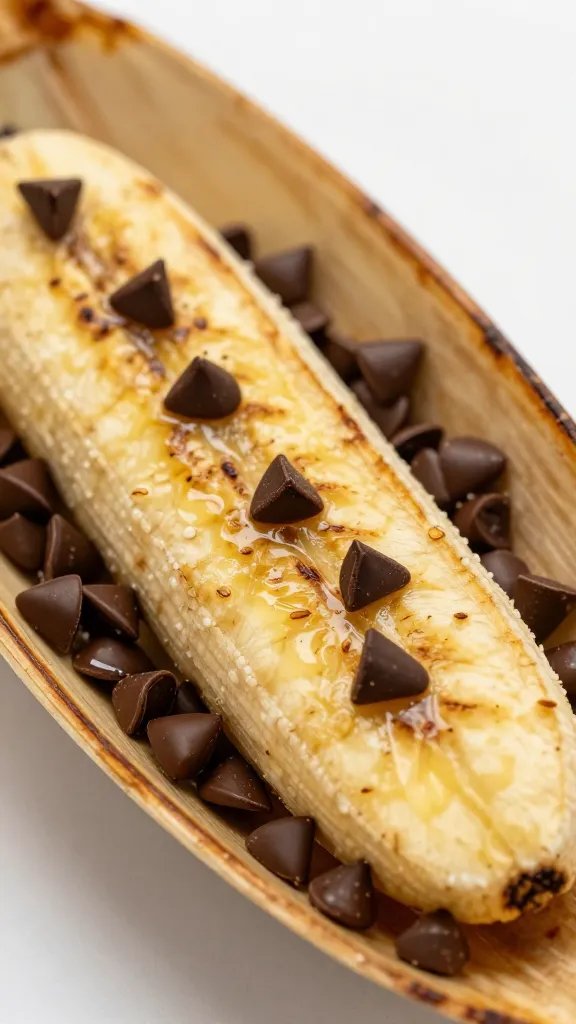 closeup grilled banana boat with dripping chocolate chips
