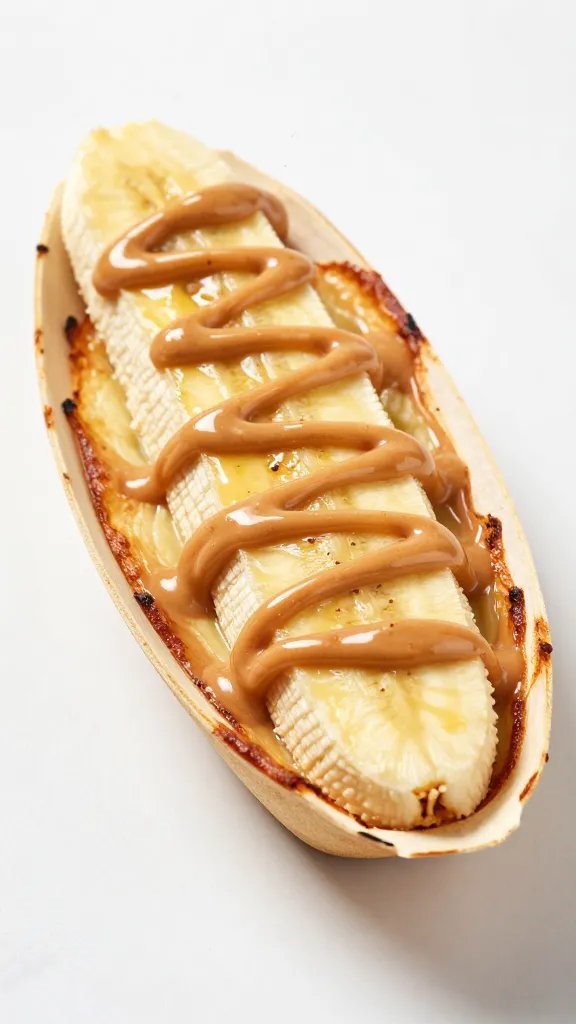 oven-baked banana boat, peanut butter swirl oozing