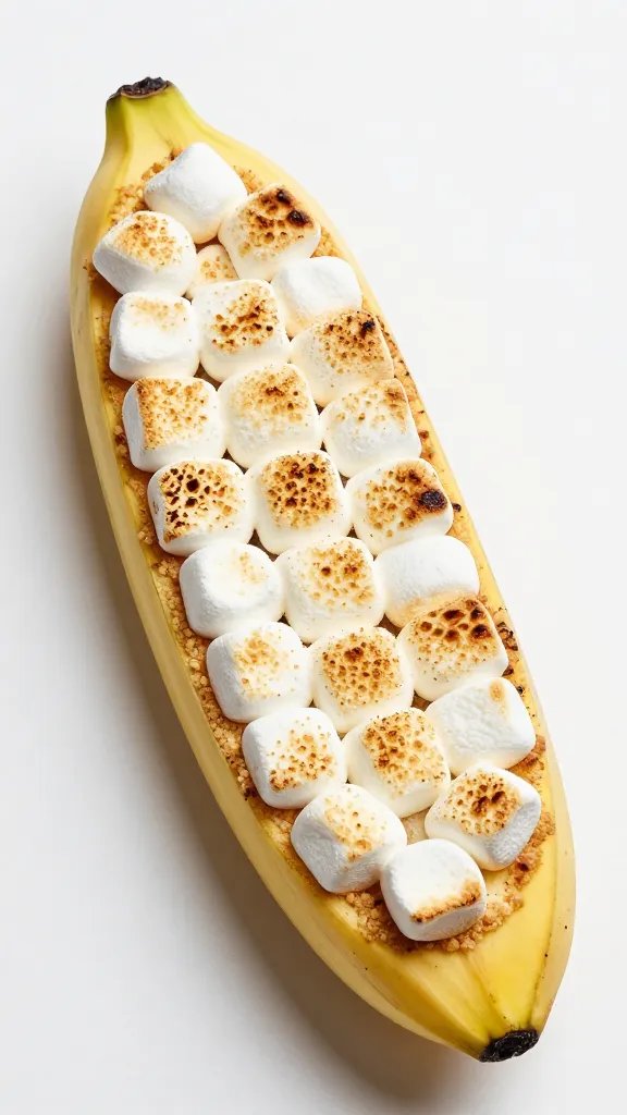 campfire banana boat, toasted mini marshmallows crust