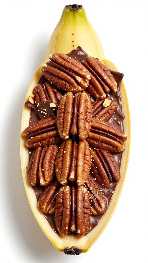 banana boat stuffed with crushed pecans and dark chocolate