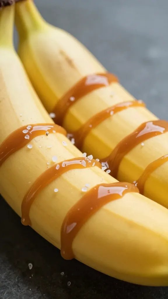 closeup banana boat with caramel drizzle and sea salt