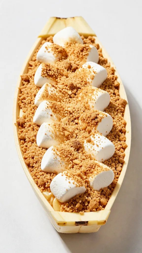 banana boat topped with graham crumbs and toasted marshmallow