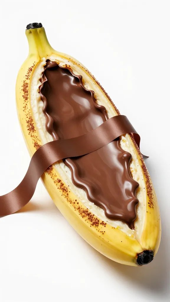 foil-parceled banana boat opened, Nutella ribbon melting