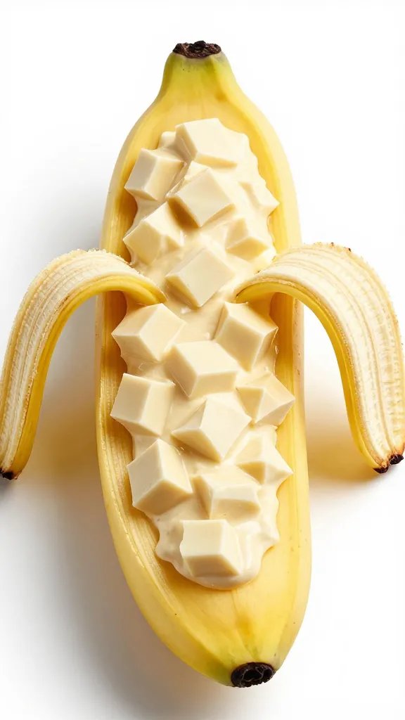 banana boat with white chocolate chunks, gently blistered peel