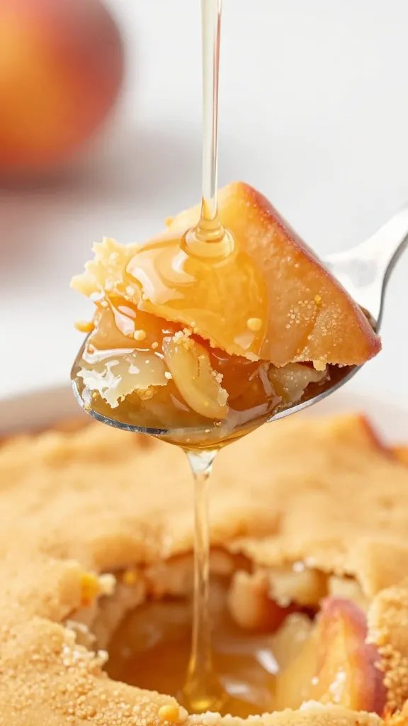 closeup of peach cobbler spoonful dripping syrup