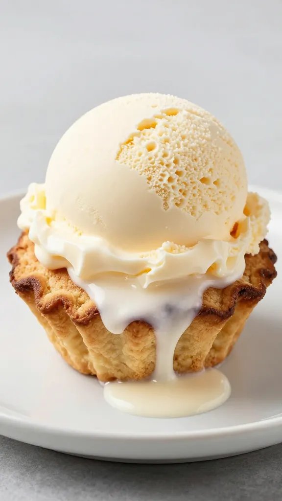 single scoop vanilla ice cream melting on cobbler
