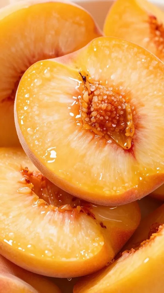 ripe sliced peaches glistening with sugar and juice