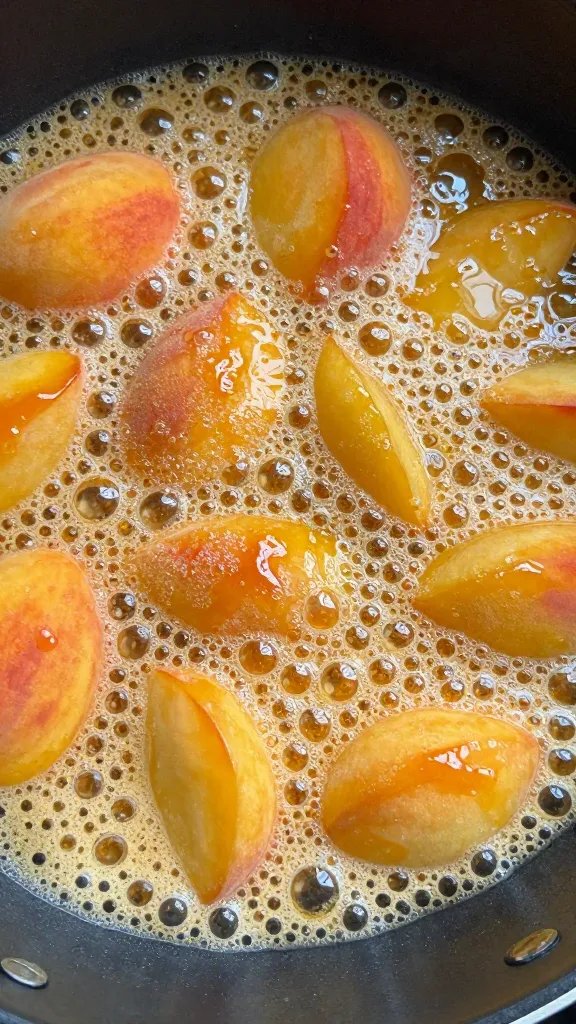 jammy peach filling bubbling at pan edge