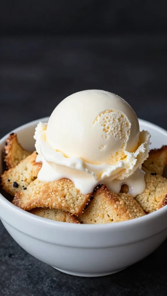 single bowl of cobbler with melting ice cream